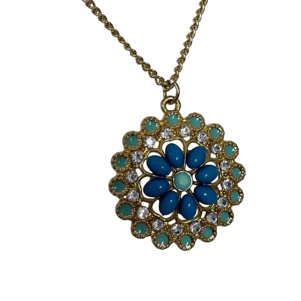 Gold Tone Blue Green Rhinestone Flower Pendant Necklace Womens Jewelry